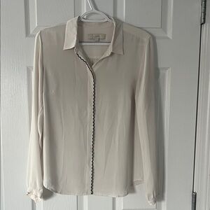 LOFT Ivory Blouse with Black Scallop Front